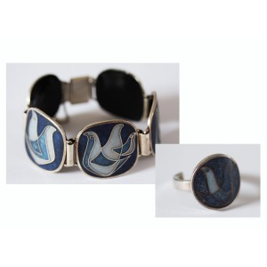 SOLD - Cloisonné Enamel Bracelet + Ring "Blue Doves" SET