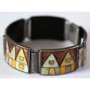 SOLD - Cloisonné Enamel Bracelet "Village", 1960s Modernist!